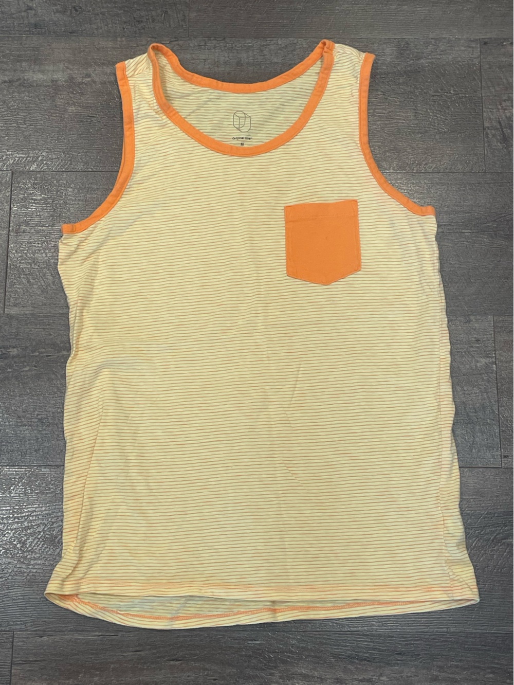 Original Use Men's Yellow & Orange Striped Tank Top with Orange Pocket Size M